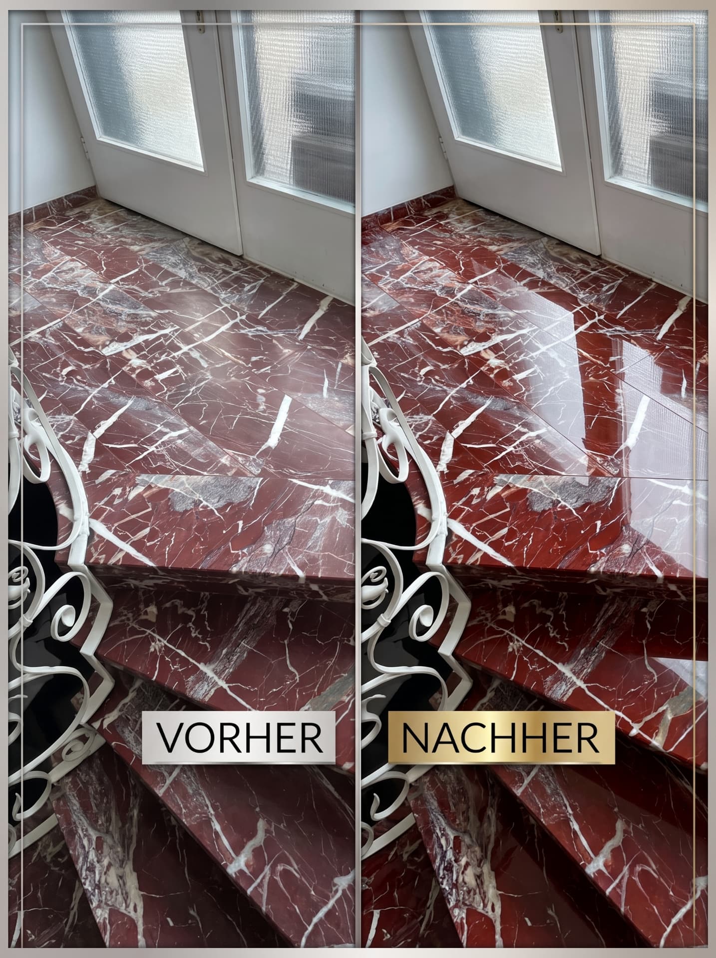 Marmortreppe in Villenbach vor und nach der Aufbereitung: links stumpf und matt, rechts geschliffen und auf Hochglanz poliert